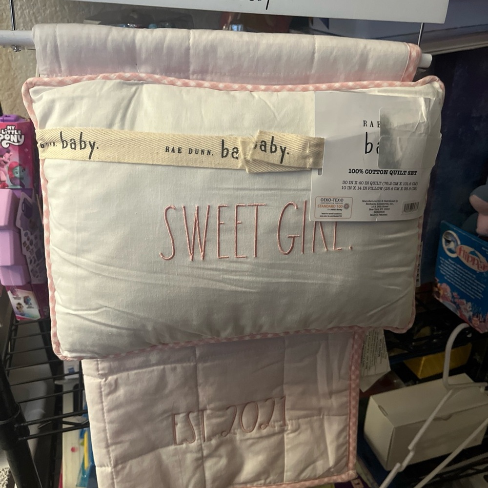 Rae Dunn Baby Quilt Set - White and Pink